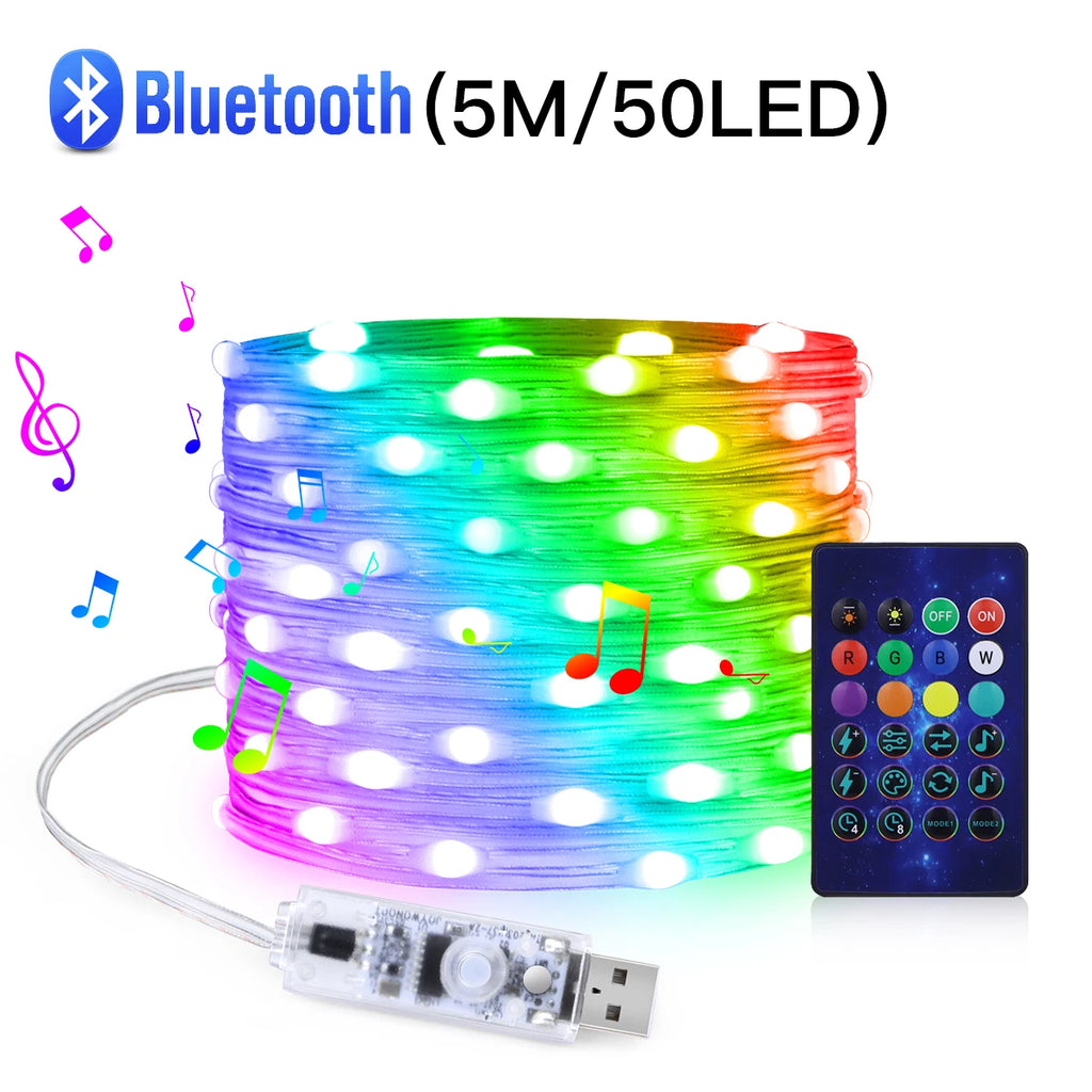 USB 5V LED Sting Light Multicolor With Bluetooth Music APP RGBIC Addressable Fairy Lights Birthday Party Garland Christmas Decor