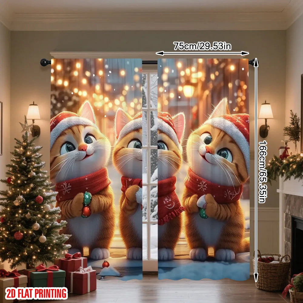 nadruk Wesołych Świąt Zasłony Okna Słodki kot z cukierkami