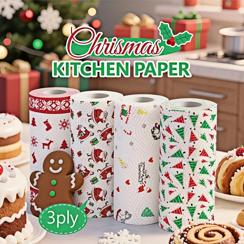 Christmas Kitchen Paper Towels Thick 3 Ply Disposable Cleaning Roll Strong Absorbent Wet And Dry Household Tissue Roll