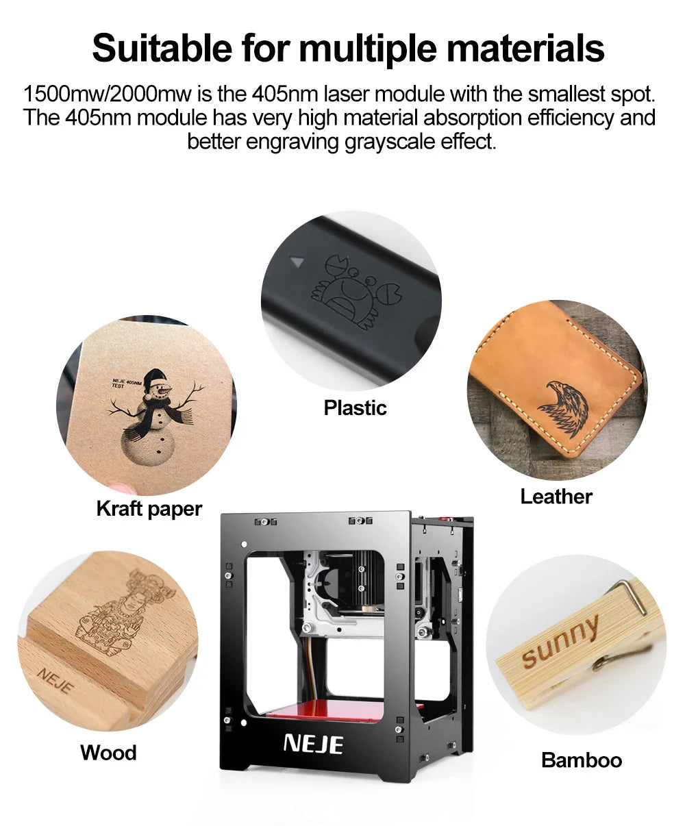 Portable Mini Laser Engraving Machine DIY CNC 405nm Laser 1000/1500/2000mW Adjustable Focus Suitable for Leather and Wood