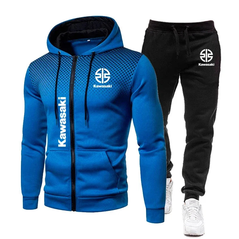 Kawasaki Logo Motorcycle Racing Men's Polka Dot Hoodie Set Fashion Men's Zipper Sports Set Sports Set