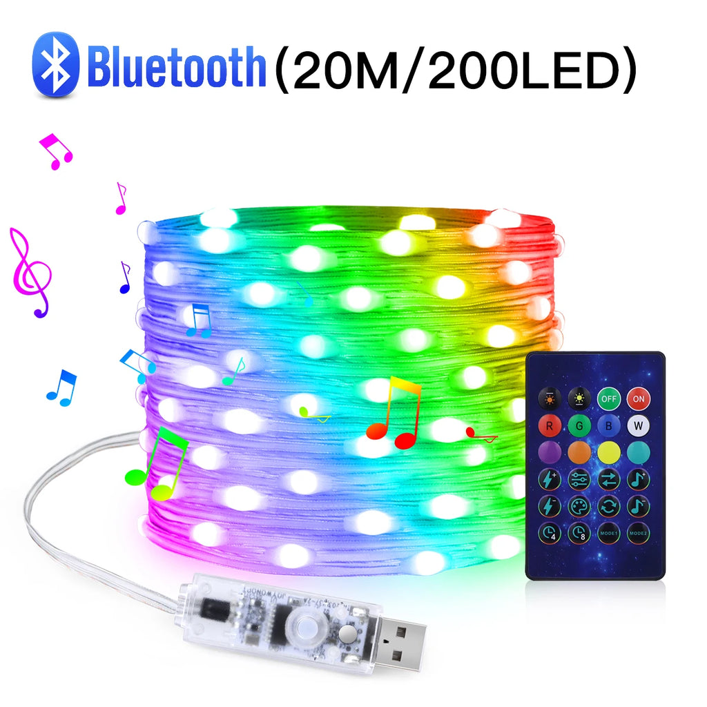 USB 5V LED Sting Light Multicolor With Bluetooth Music APP RGBIC Addressable Fairy Lights Birthday Party Garland Christmas Decor