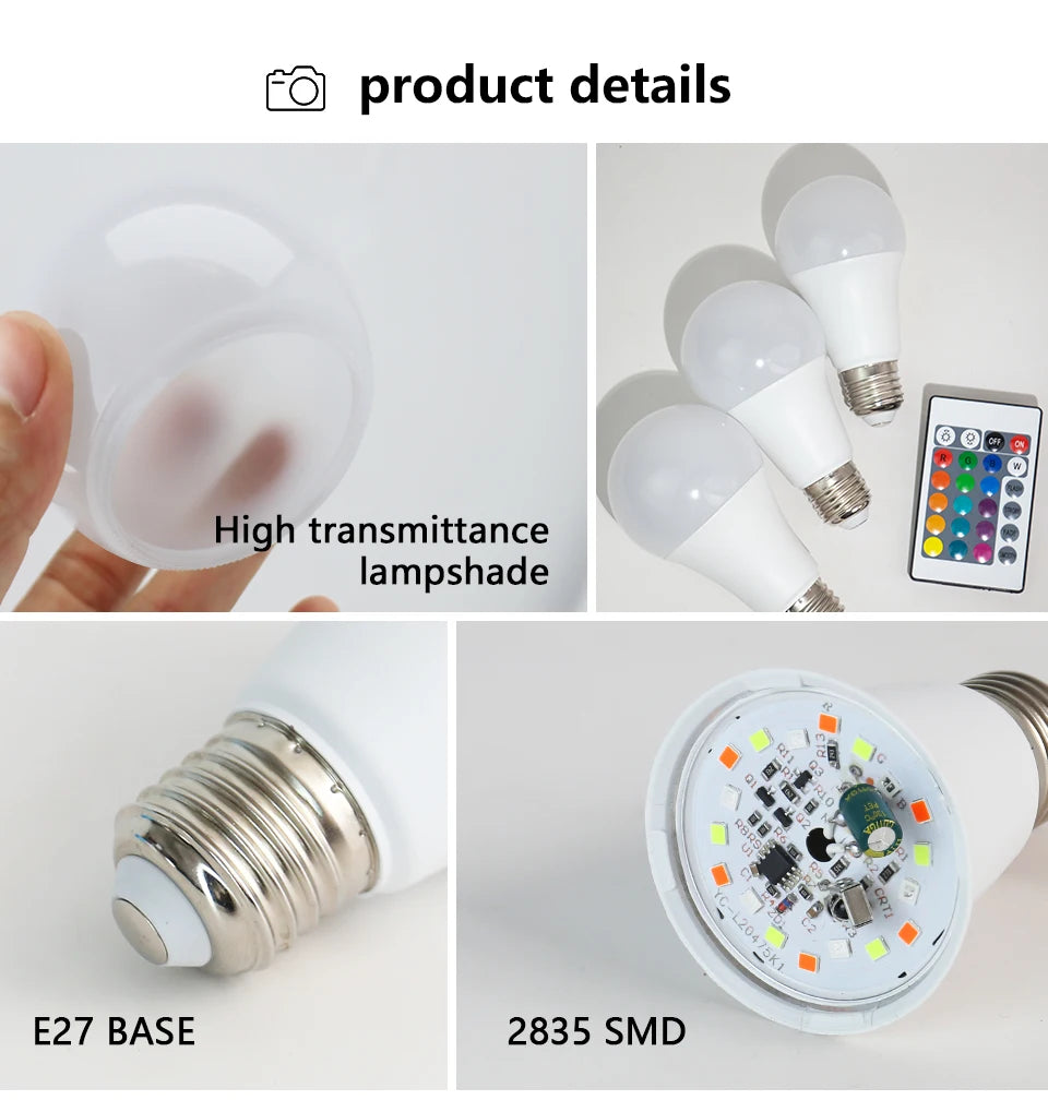 220V E27 RGB LED Light Bulb Bombillas LED 5W 10W 15W IR Remote Control Changeable Colorful RGBW Led Lamp Spotlight Bulb