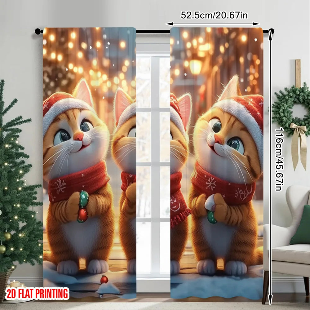 2pcs 2D flat printing Merry Christmas Window Drapes Cute cat with candy 100% Polyester Without Electricity Party Decorations