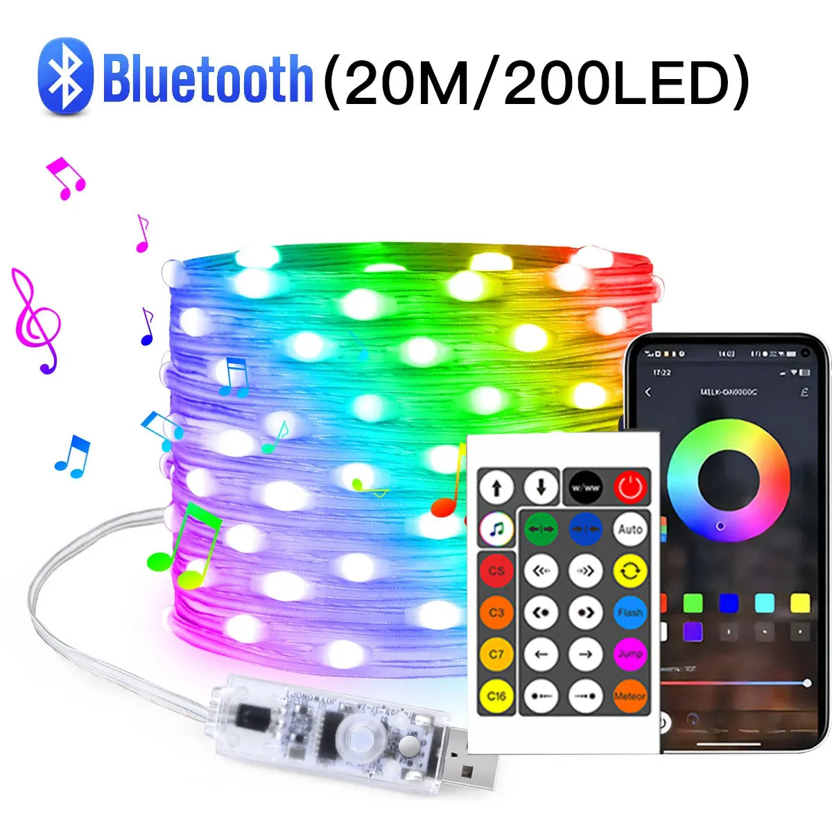 20M Dream Color USB 5V LED Sting Light Bluetooth Music APP RGBIC Addressable Fairy Lights Birthday Party Garland Christmas Decor