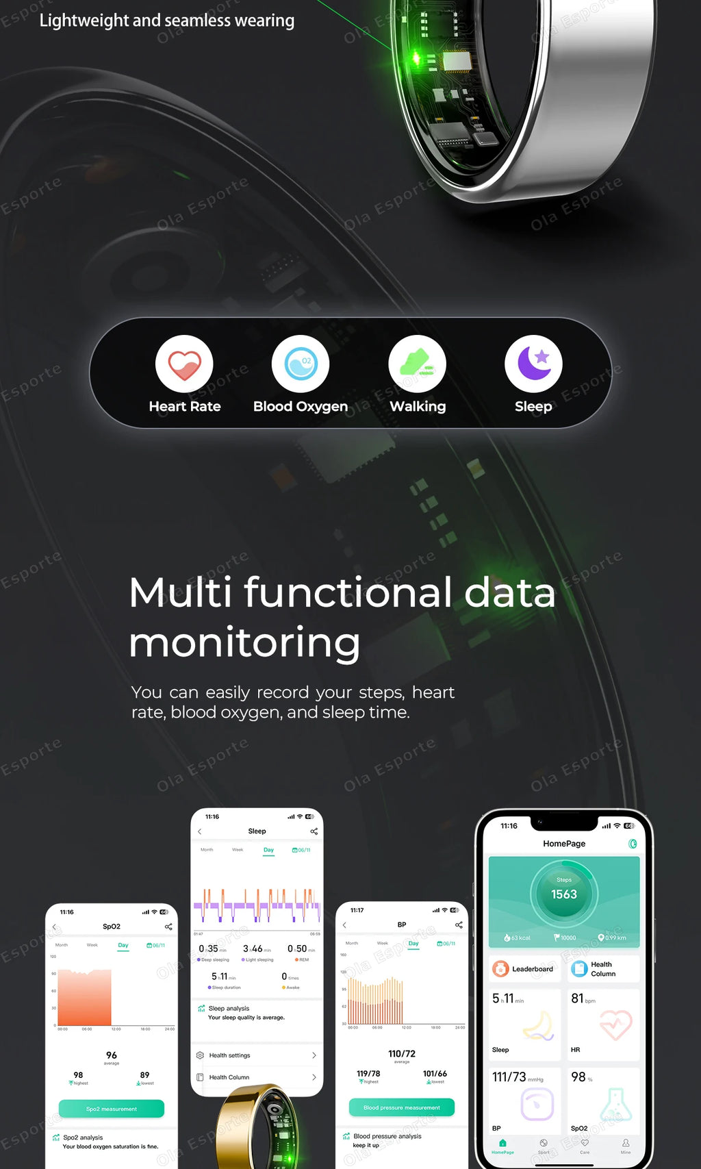 2025 New Smart Ring Heart Rate Blood Pressure Sleep Monitoring Motion Tracking IP68 Waterproof Men Women Smart Ring Holiday Gift