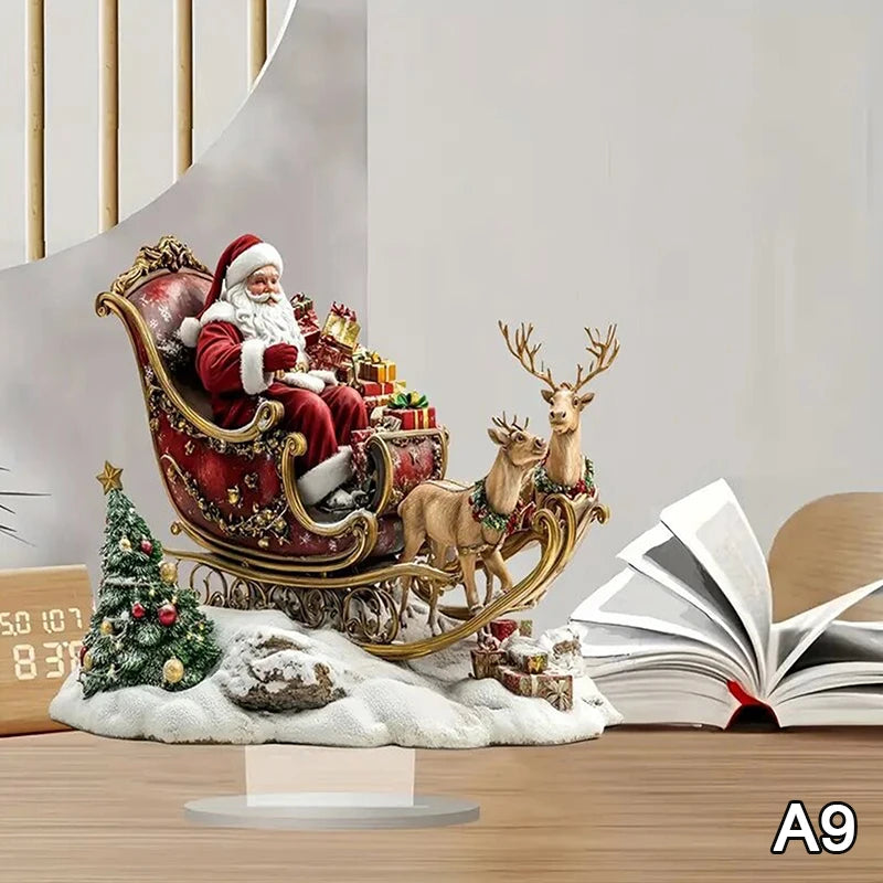 2D Flat Acrylic Christmas Desk Decor With Base Snowman House Rotating Carousel Reindeer Christmas Series Home Office Navidad