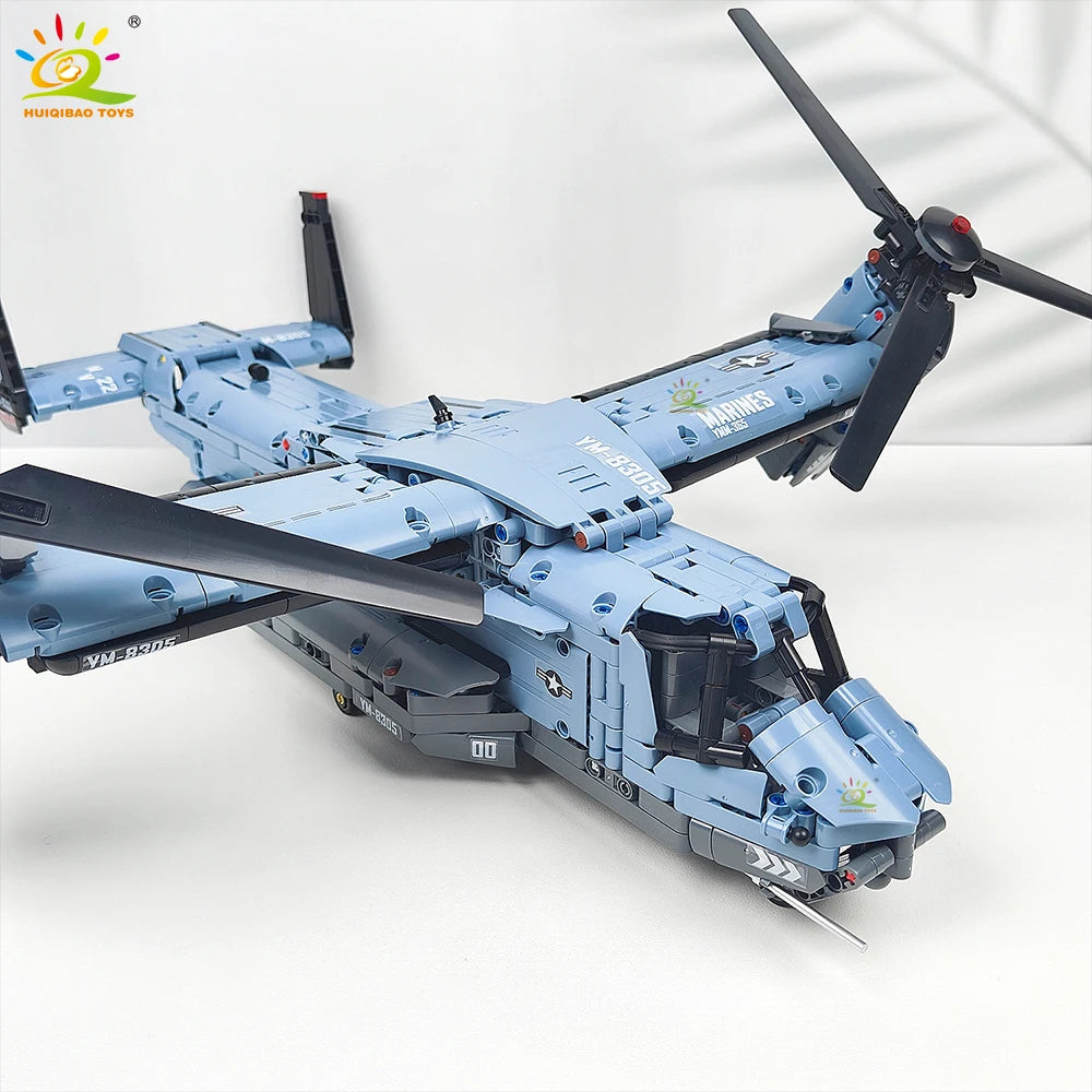 HUIQIBAO MOC 1389PCS V-22 Tiltrotor Aircraft Helicopter Building Block Children Military Airplane model Bricks Toy home Decor.