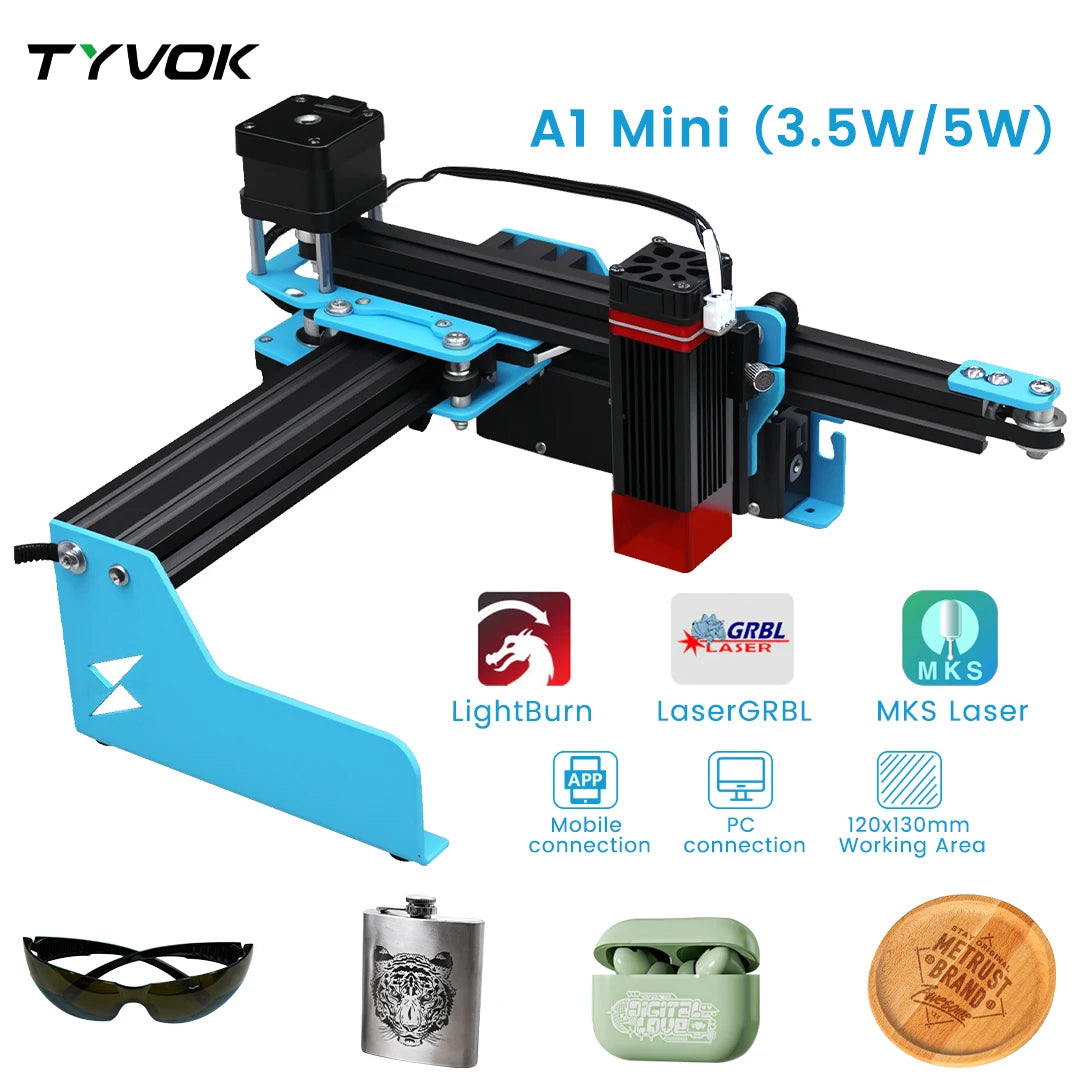 TYVOK 5W Mini Portable Laser Engraver A1 Mini DIY Wood Painted Acrylic Glass Leather Cut Engrave Logo 445±5nm 3.5W Laser Engravi