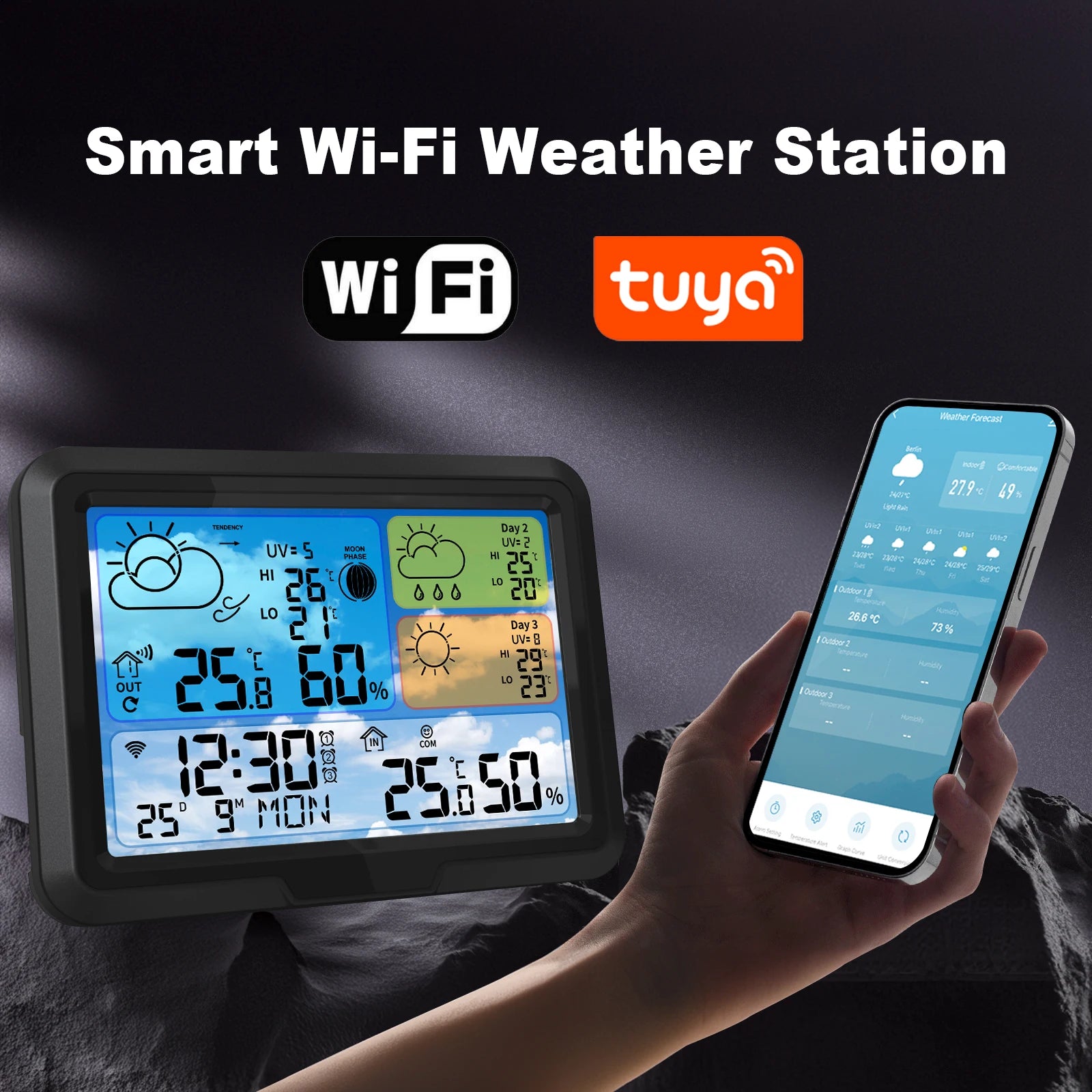 5.3" Color Smart Tuya WiFi Weather Station Wireless Temperature Humidity Monitor Calandar Alarm 3 Days UV Index Forecast Trend
