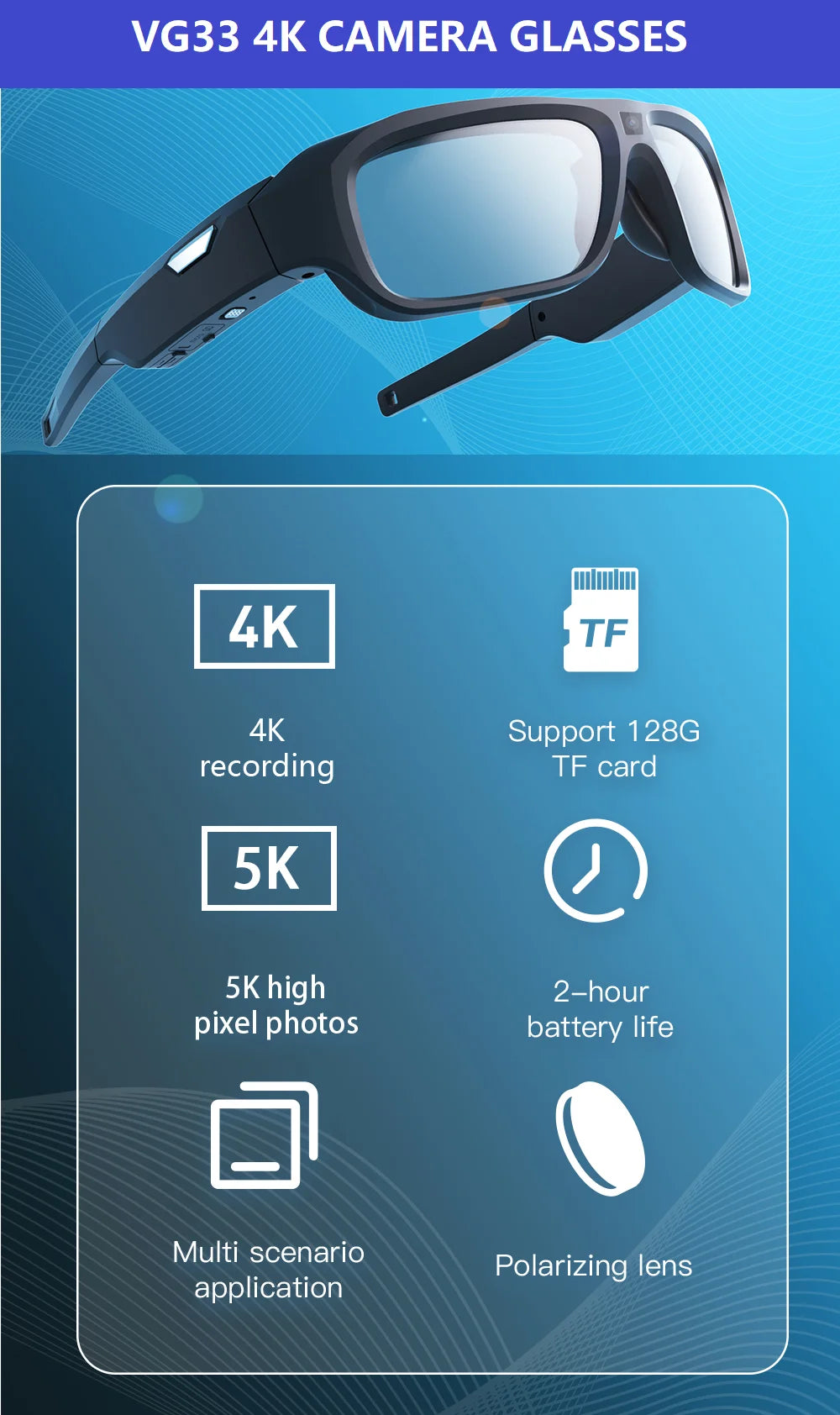 4K HD FPV Smart Glasses WIFI Camera 1080P Video Recording Mini Wireless Bodycam Vlogging POV Action Sports Motorcycle Cycling