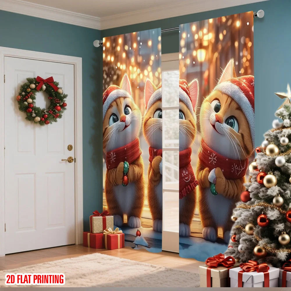 2pcs 2D flat printing Merry Christmas Window Drapes Cute cat with candy 100% Polyester Without Electricity Party Decorations