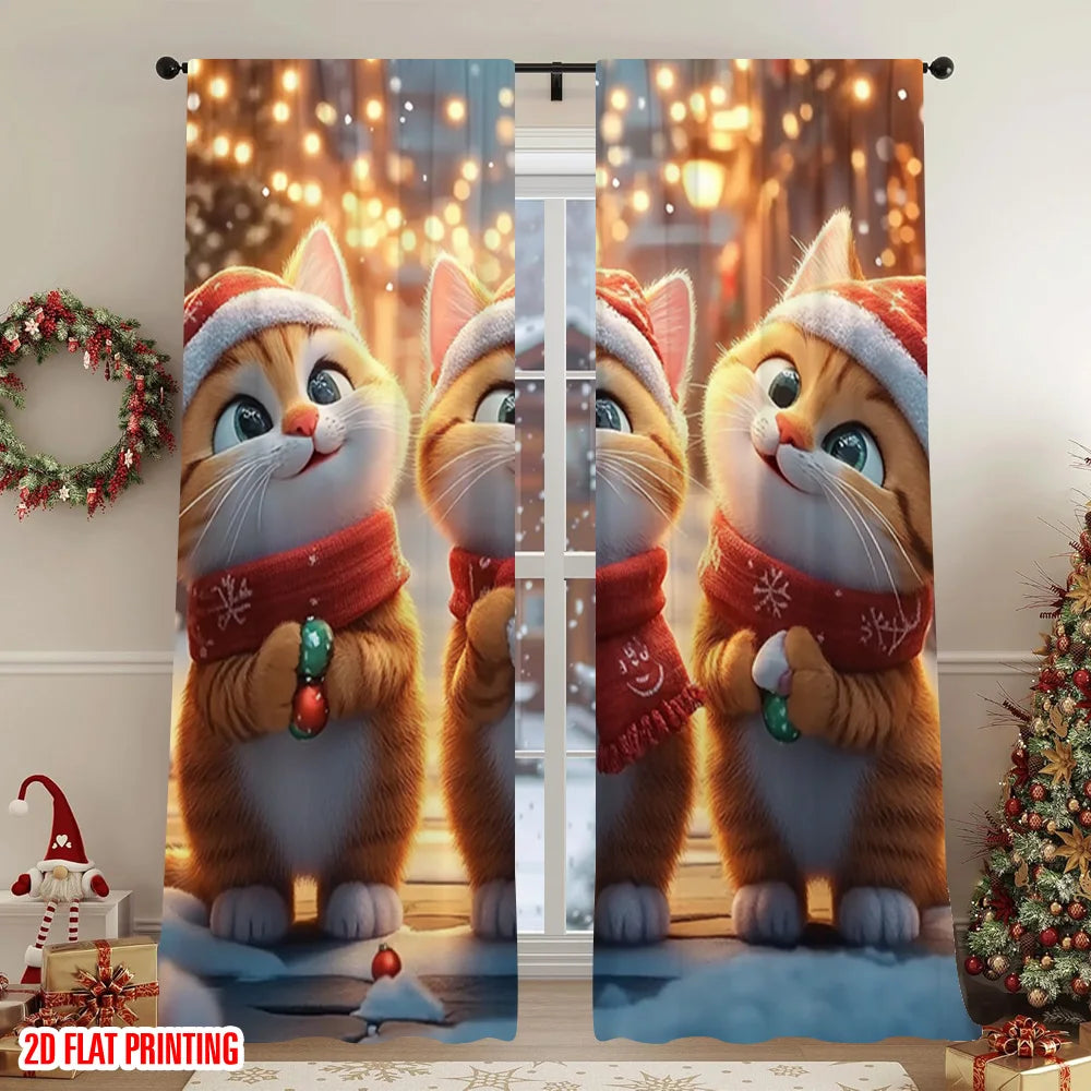 2pcs 2D flat printing Merry Christmas Window Drapes Cute cat with candy 100% Polyester Without Electricity Party Decorations