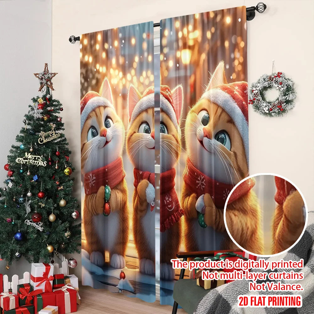 2pcs 2D flat printing Merry Christmas Window Drapes Cute cat with candy 100% Polyester Without Electricity Party Decorations