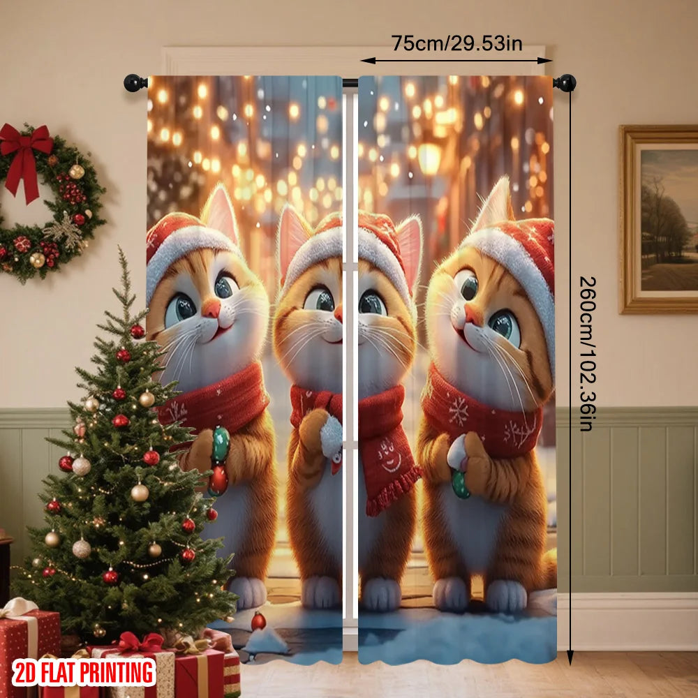 nadruk Wesołych Świąt Zasłony Okna Słodki kot z cukierkami