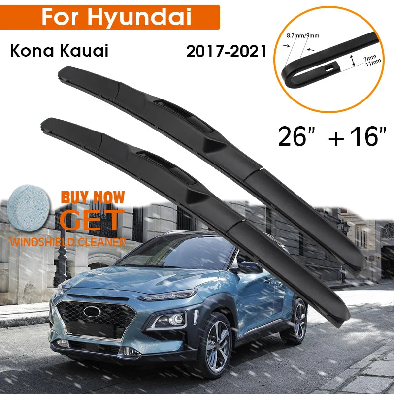 Car Wiper For Hyundai Kona Kauai 2017-2021 Windshield Rubber Silicon Refill Front Window Wiper 26"+16" LHD RHD Auto Accessories