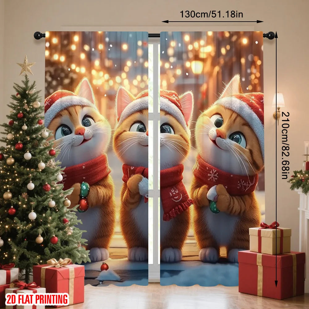 2pcs 2D flat printing Merry Christmas Window Drapes Cute cat with candy 100% Polyester Without Electricity Party Decorations