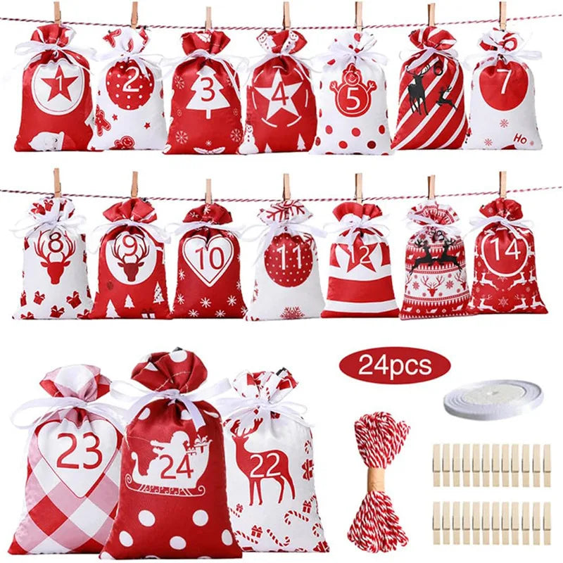 24pcs Christmas Decoration Advent Calendar Gift Bags Kerst Decoratie DIY Paper Stickers Wooden Ornament Xmas Navidad kid Gift