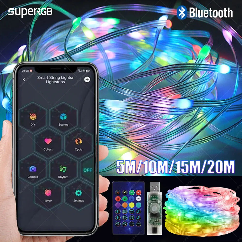 20M RGBIC LED String Bluetooth USB Music Dream Color Light 5V Christmas Birthday Party Garland Decor Fairy Lights Home