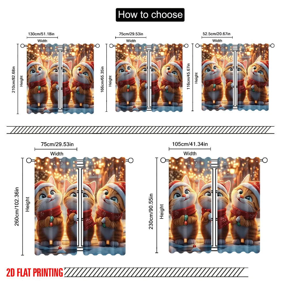 2pcs 2D flat printing Merry Christmas Window Drapes Cute cat with candy 100% Polyester Without Electricity Party Decorations