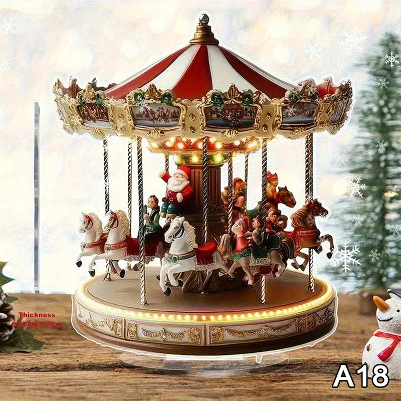 2D Flat Acrylic Christmas Desk Decor With Base Snowman House Rotating Carousel Reindeer Christmas Series Home Office Navidad