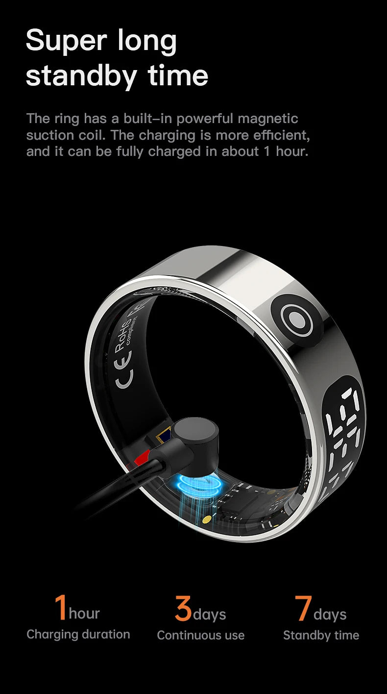 2025 QINO R09 Smart Ring with Display Screen and Touch, Wireless Charging, Health Manager, 5 ATM Waterproof For Men Women