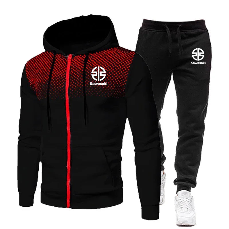 Kawasaki Logo Motorcycle Racing Men's Polka Dot Hoodie Set Fashion Men's Zipper Sports Set Sports Set
