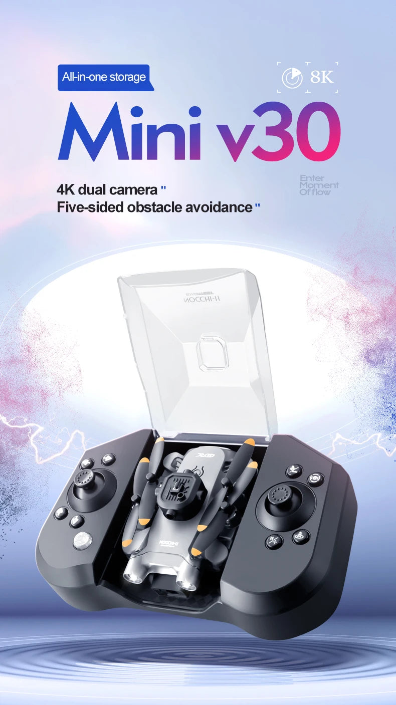 Mini V30 WiFi FPV Drone With 4K HD Dual Camera Obstacle Avoidance Drones Foldable RC Quadcopter Gift for Adults Kid Black Grey